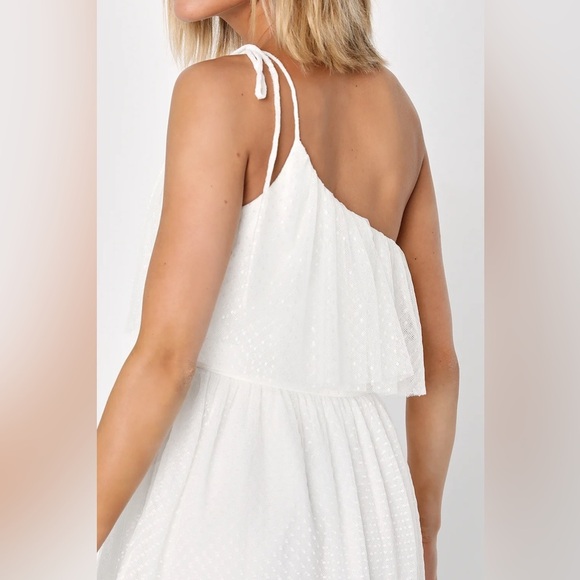 Lulus XS Adorable Event White Mesh One-Shoulder Swiss Dot Mini Dress - Picture 3 of 8